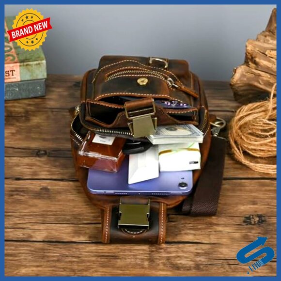 Genuine Leather Hiking Daypack Sling Crossbody Chest Bag for  display picture 2